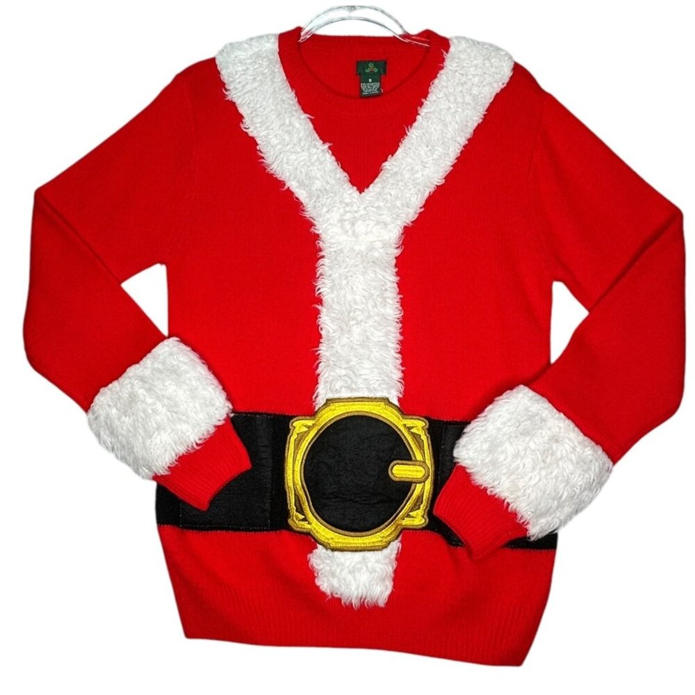 Santa Claus Themed Sweater Size Small Ugly Christmas Faux Fur Trim Belt Design